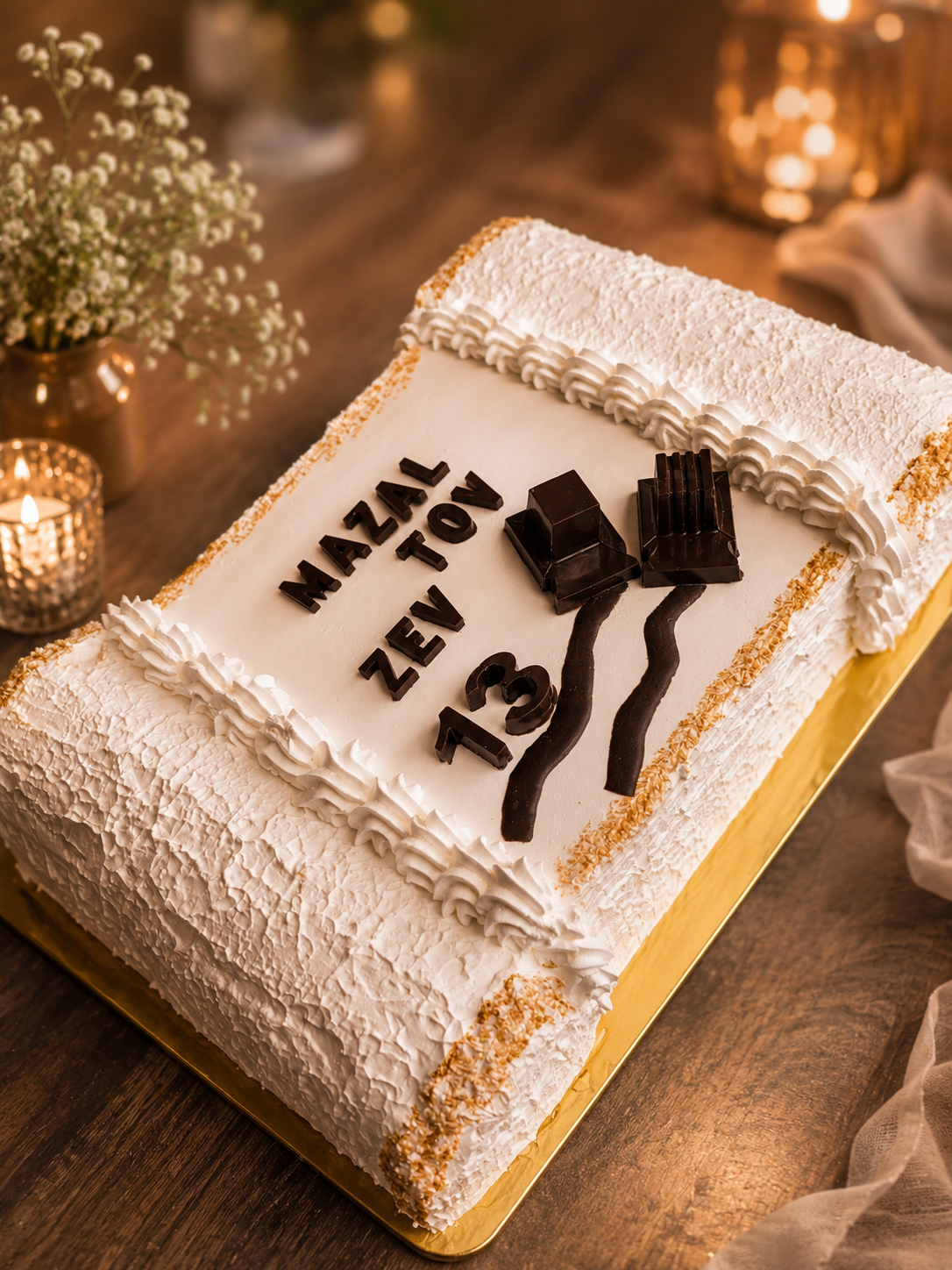 Torah scroll themed Mazel Tov cake with gold accents for a bar mitzvah