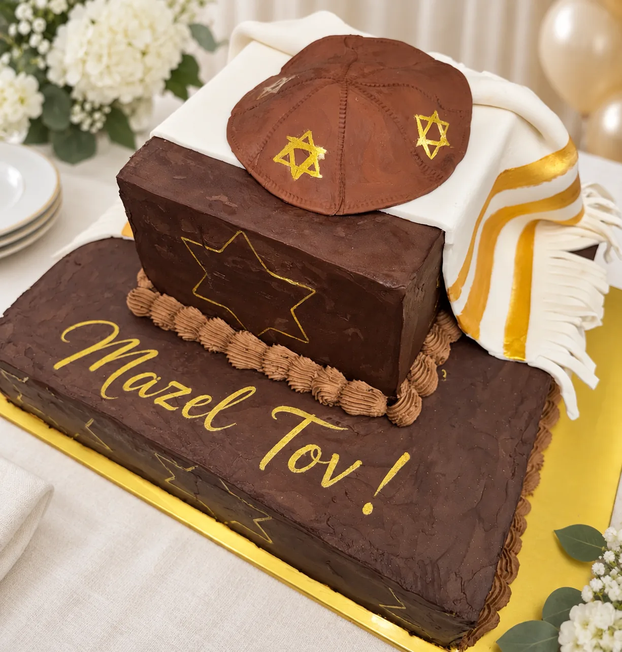 Close-up of the tallit and kippah design on a Bar Mitzvah Mazel Tov cake