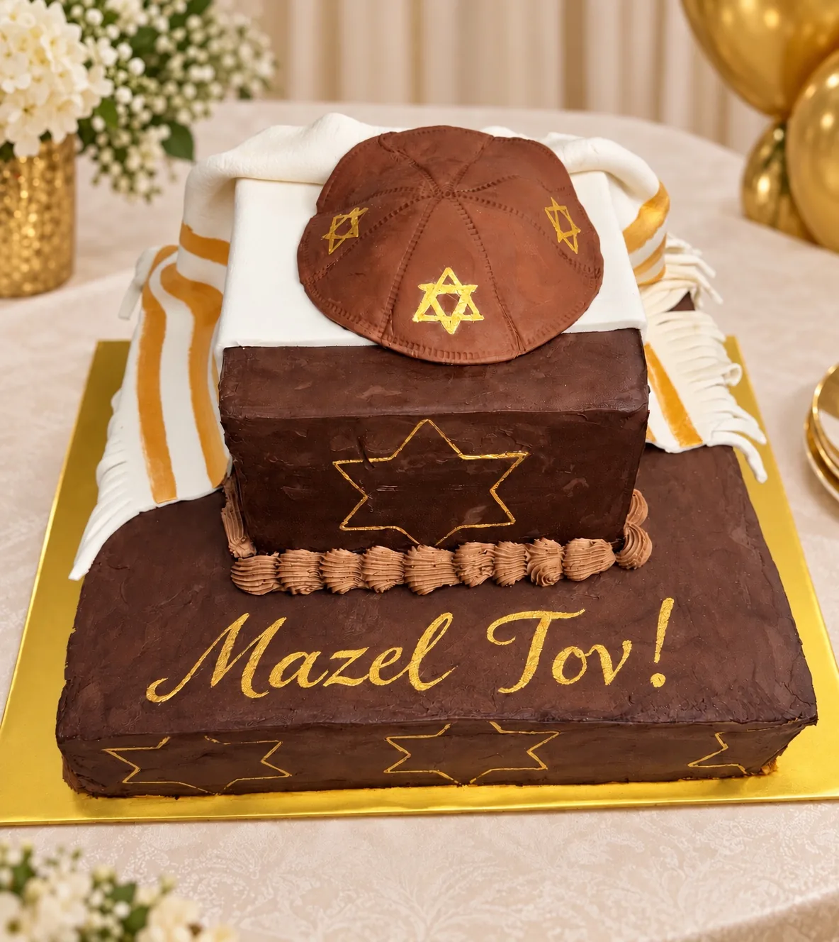 Two-tier Bar Mitzvah cake with a chocolate and gold tallit and kippah design and Mazel Tov script