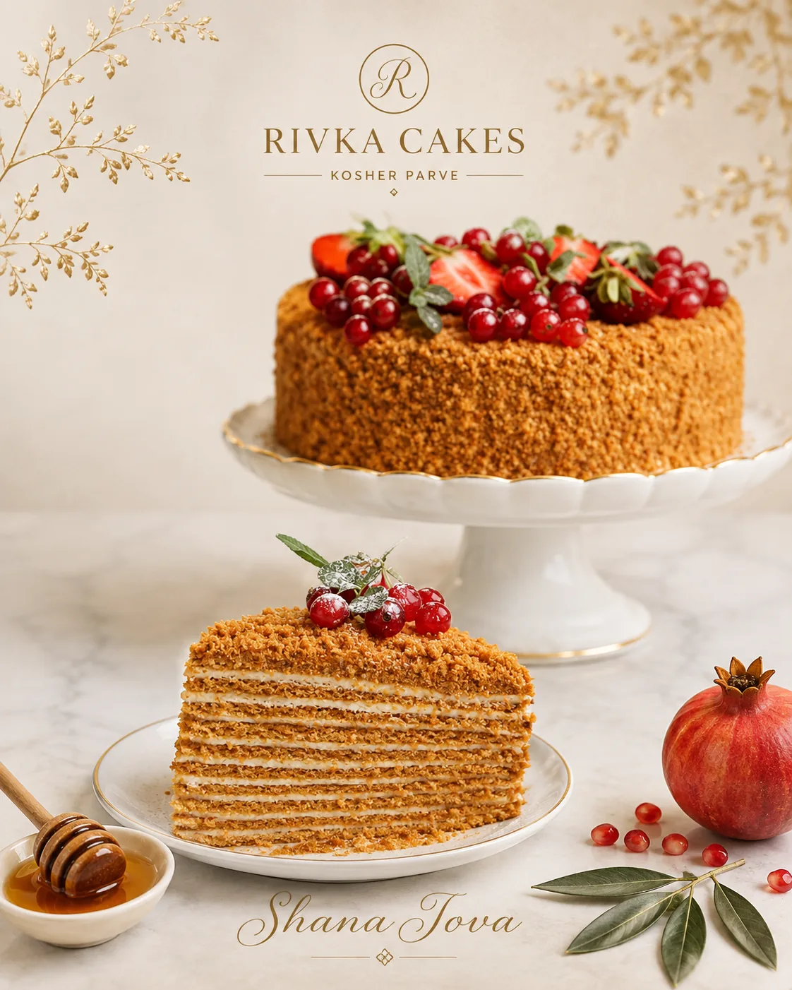 Layered honey cake slice for Rosh Hashanah