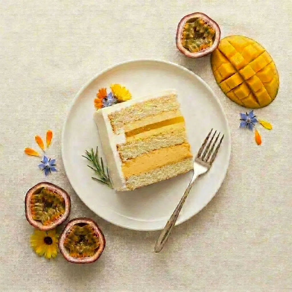 Mango and passionfruit vanilla cake, round, for Rosh Hashanah