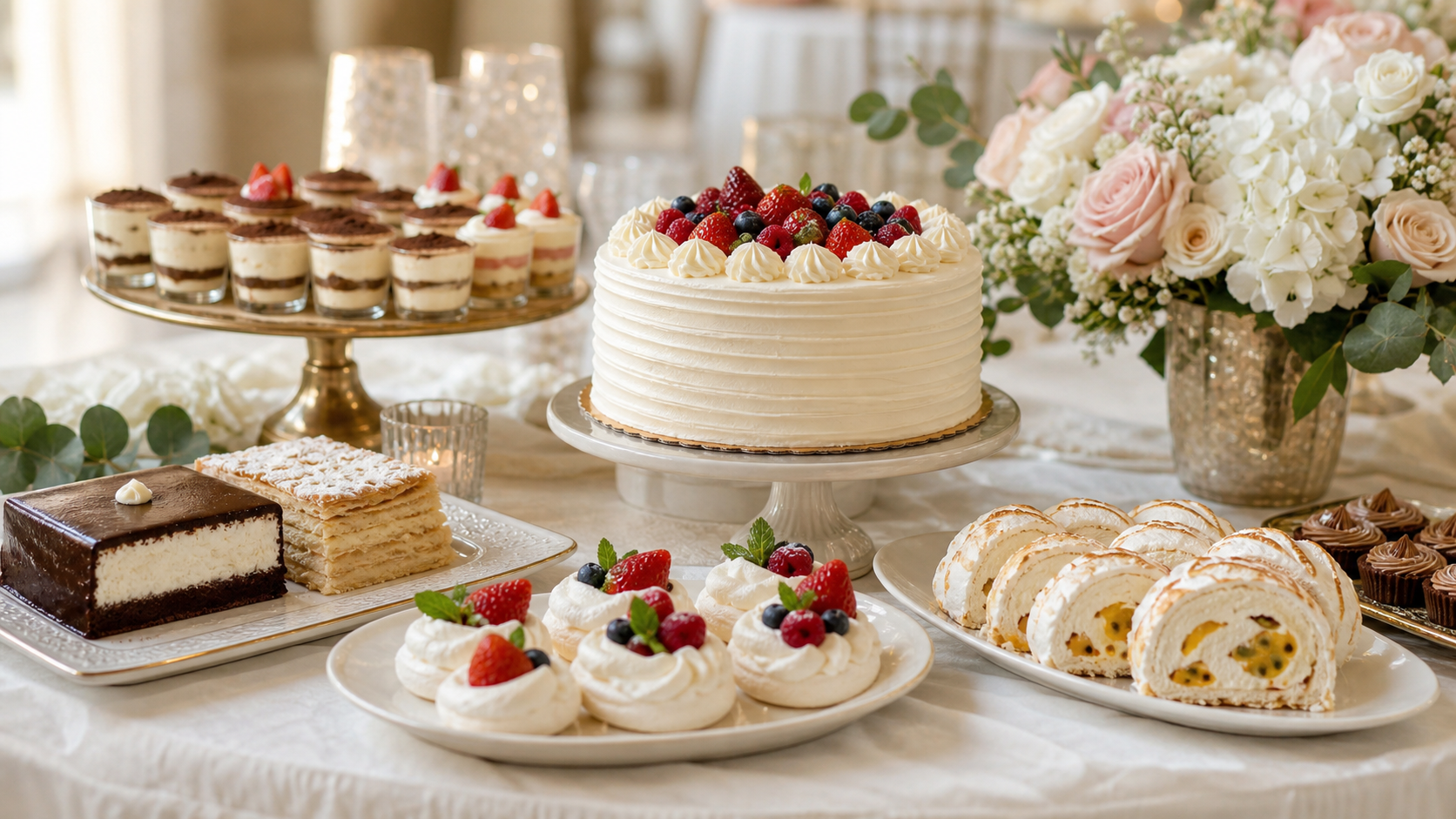 Wedding and anniversary dessert table with pareve cakes